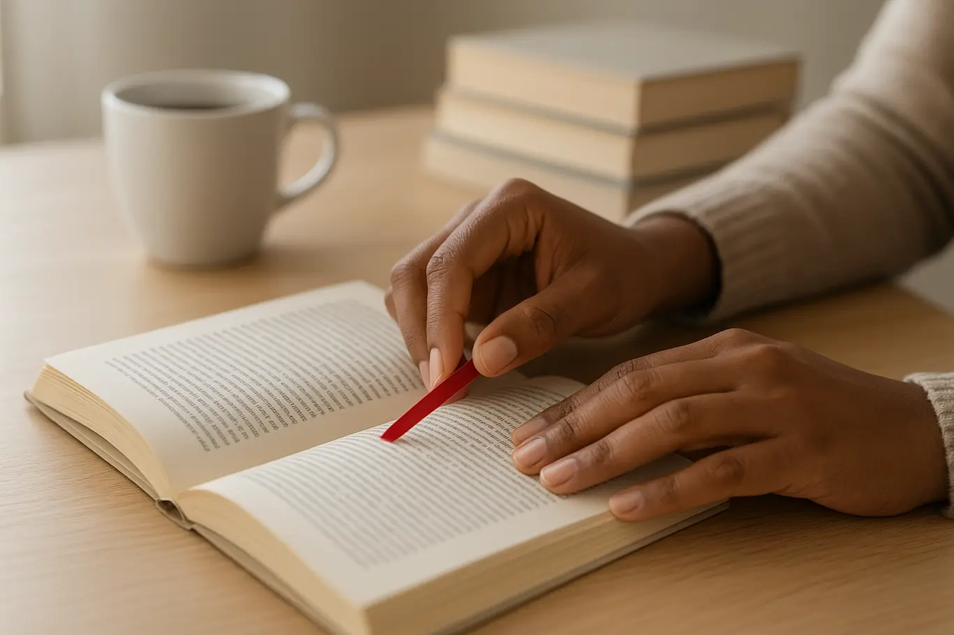 Livro aberto com mãos inserindo marcador vermelho e xícara de café ao fundo
