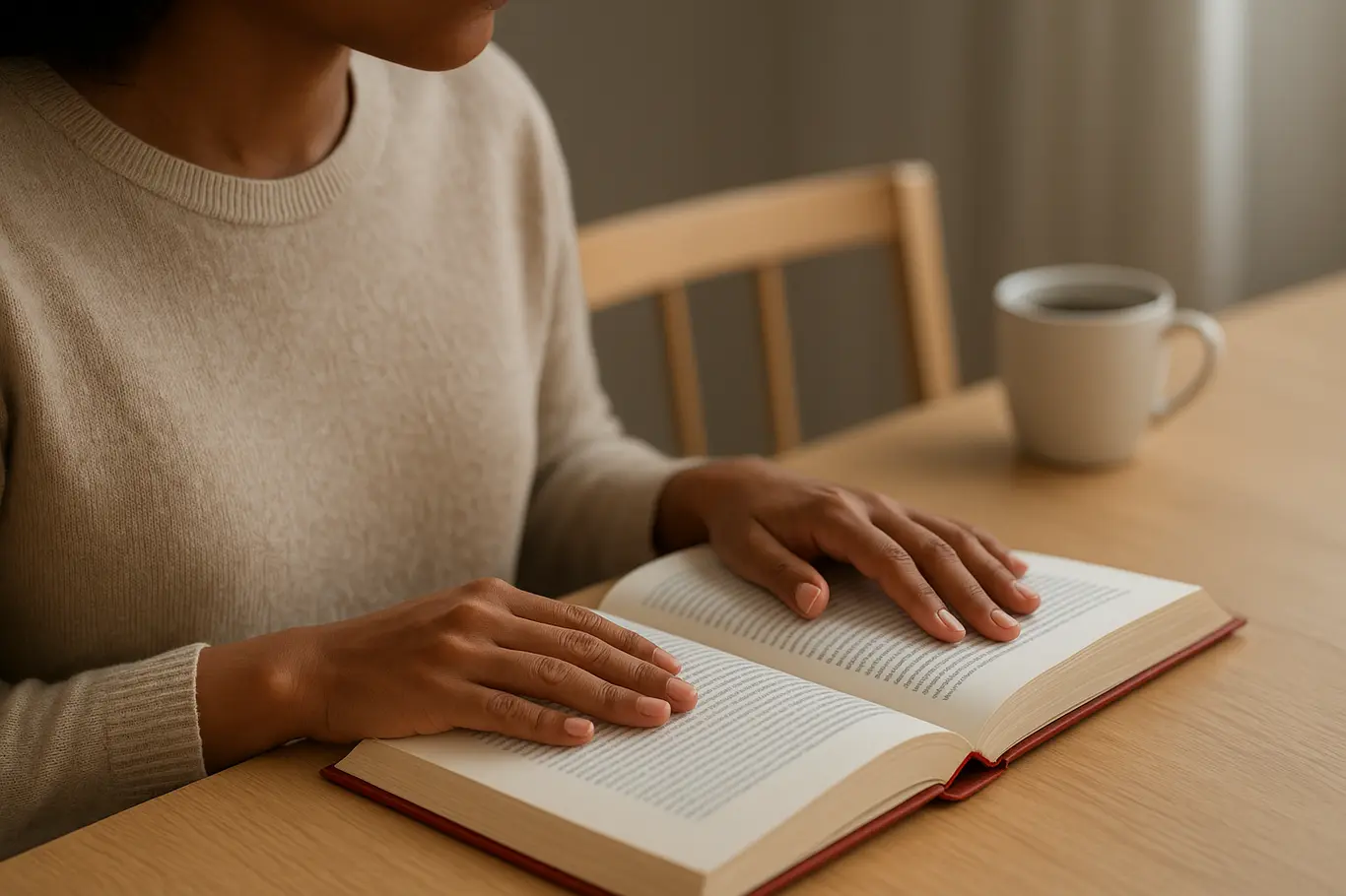 Pessoa vista de lado folheando livro aberto sobre mesa, foco nas mãos e no marcador vermelho.