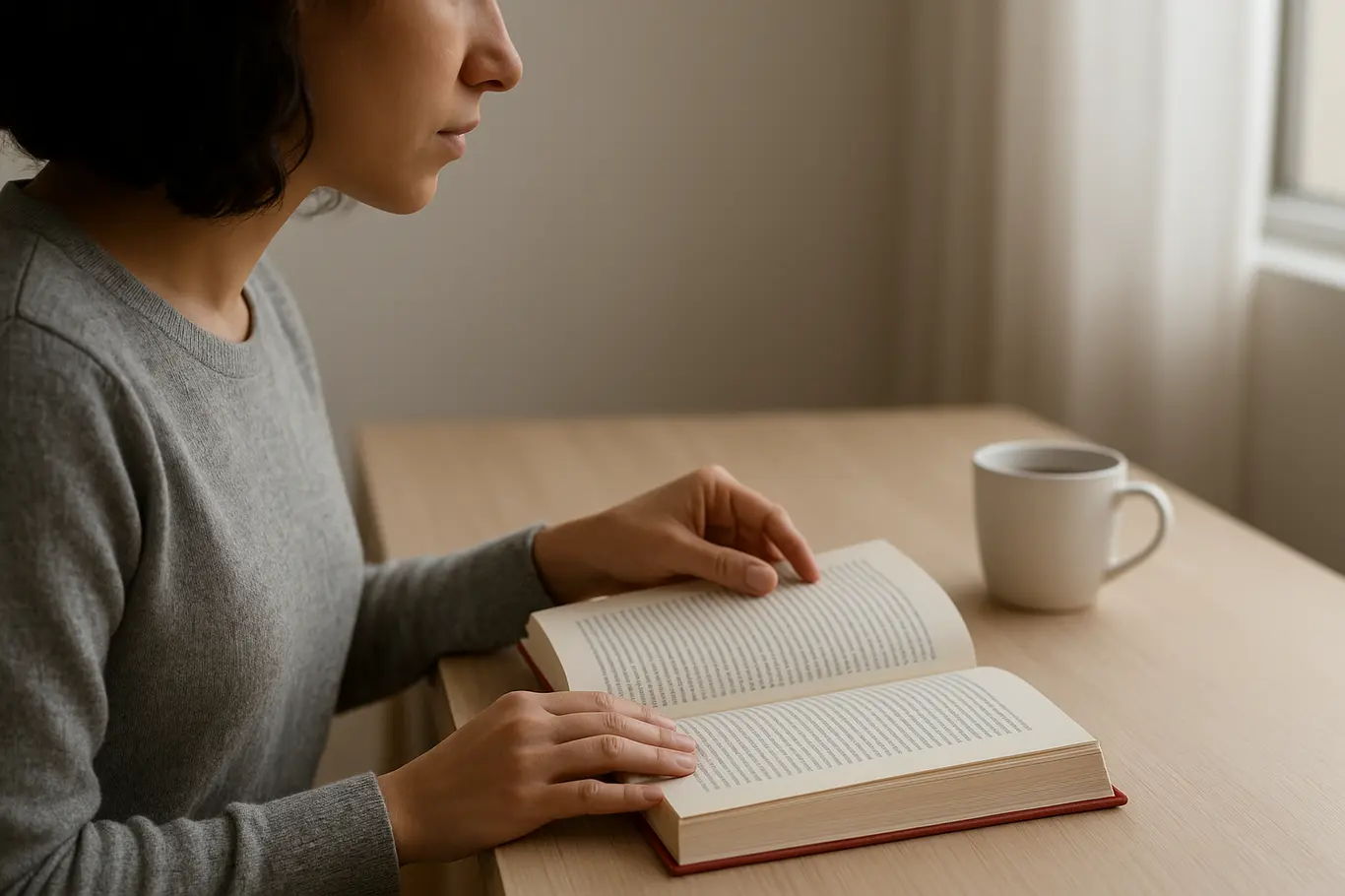 Pessoa de perfil lendo livro aberto em mesa com café ao fundo