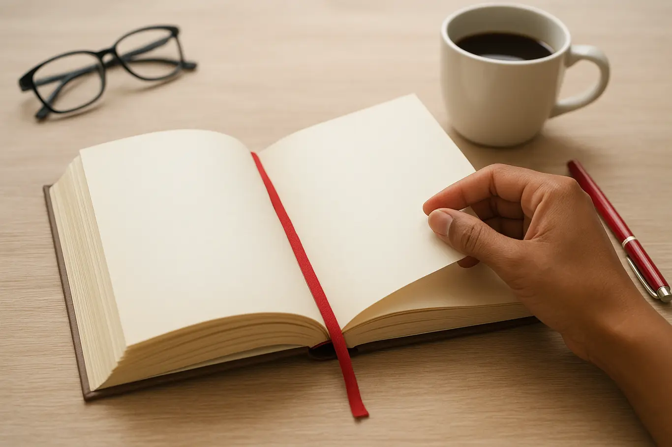 Livro aberto com mão virando página e xícara de café desfocada