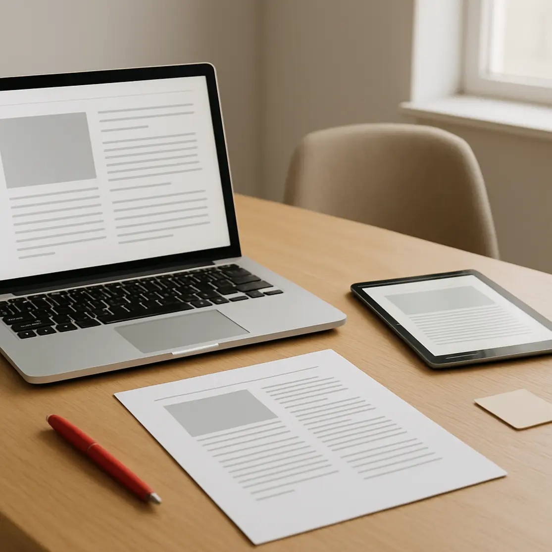 Workspace aberto com laptop, tablet e documento impresso sobre mesa de madeira clara