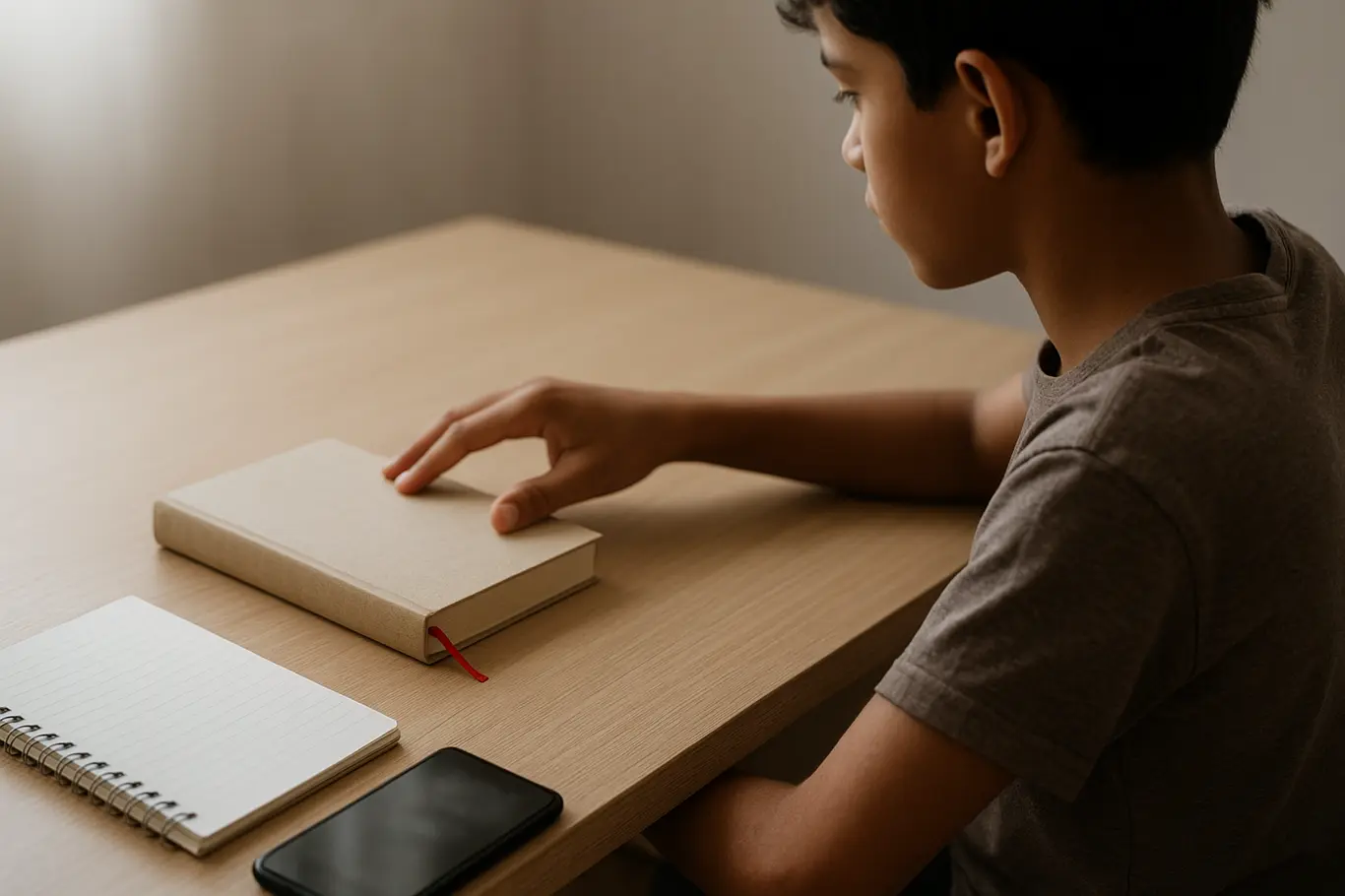 Menino visto de três quartos alcançando livro sobre mesa de madeira clara