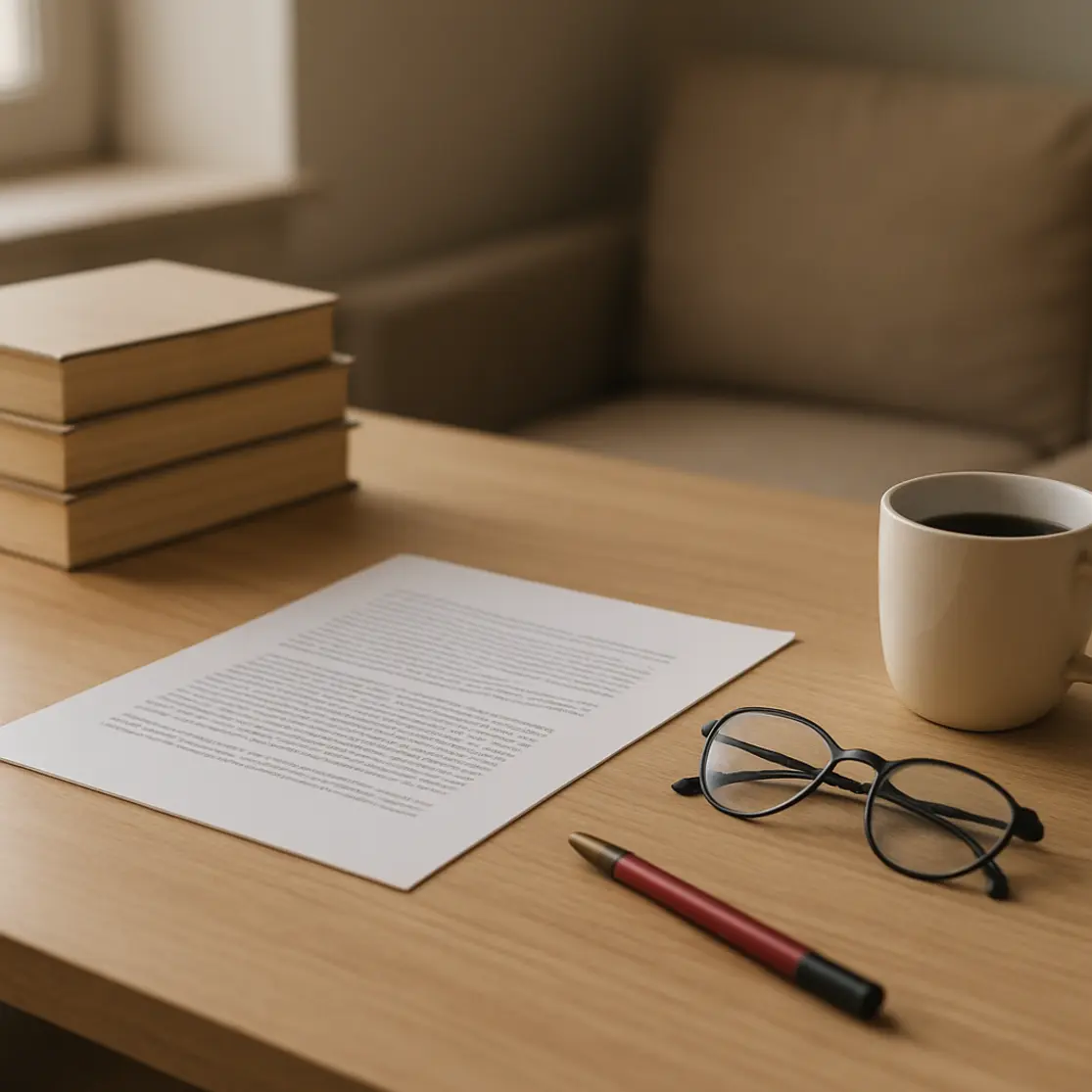 Workspace com pilha de livros, documento impresso e marcador vermelho sobre mesa clara