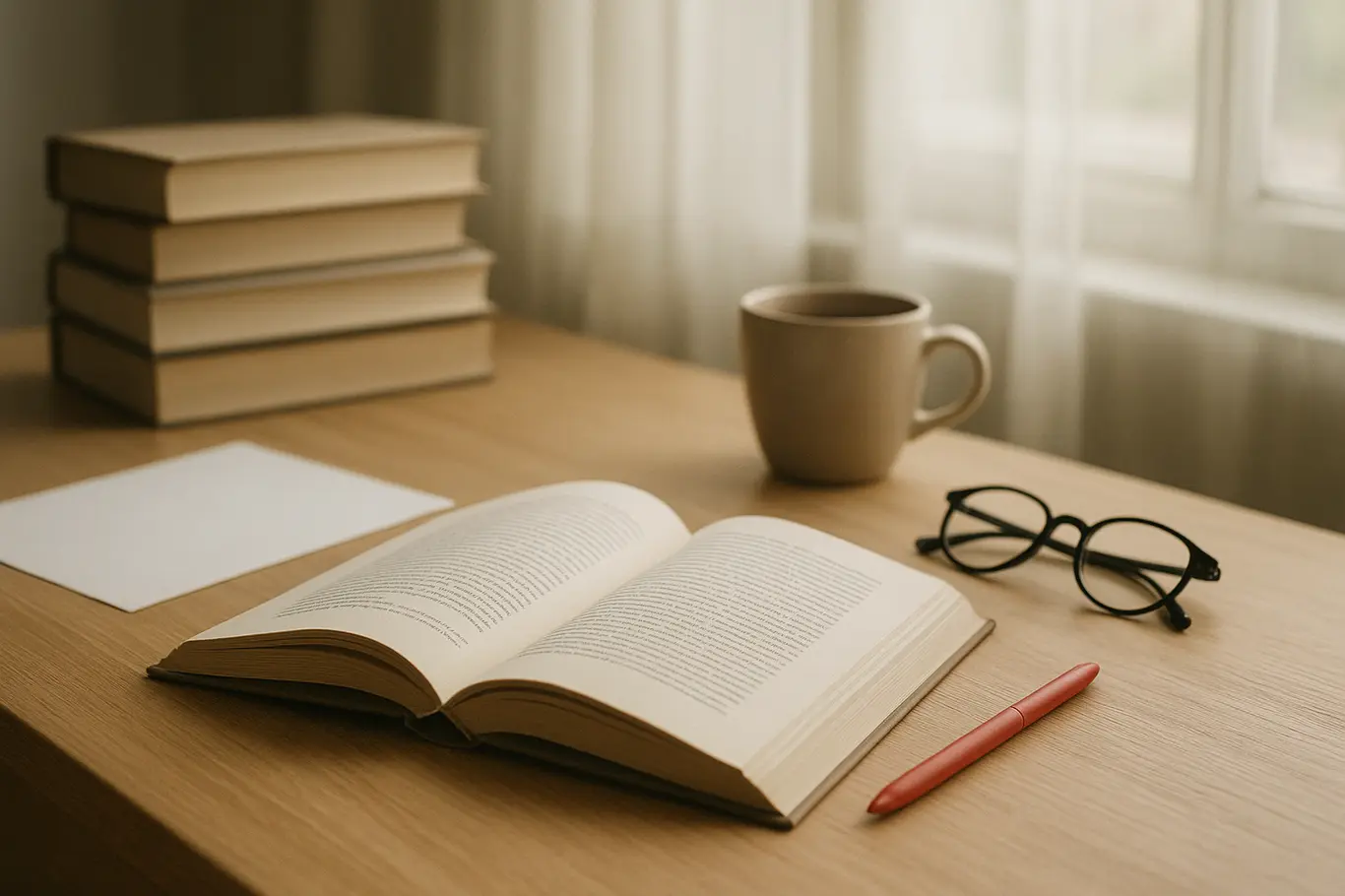 Mesa de leitura com pilha de livros, xícara de café e marcador vermelho, cena ao lado de janela com luz natural.