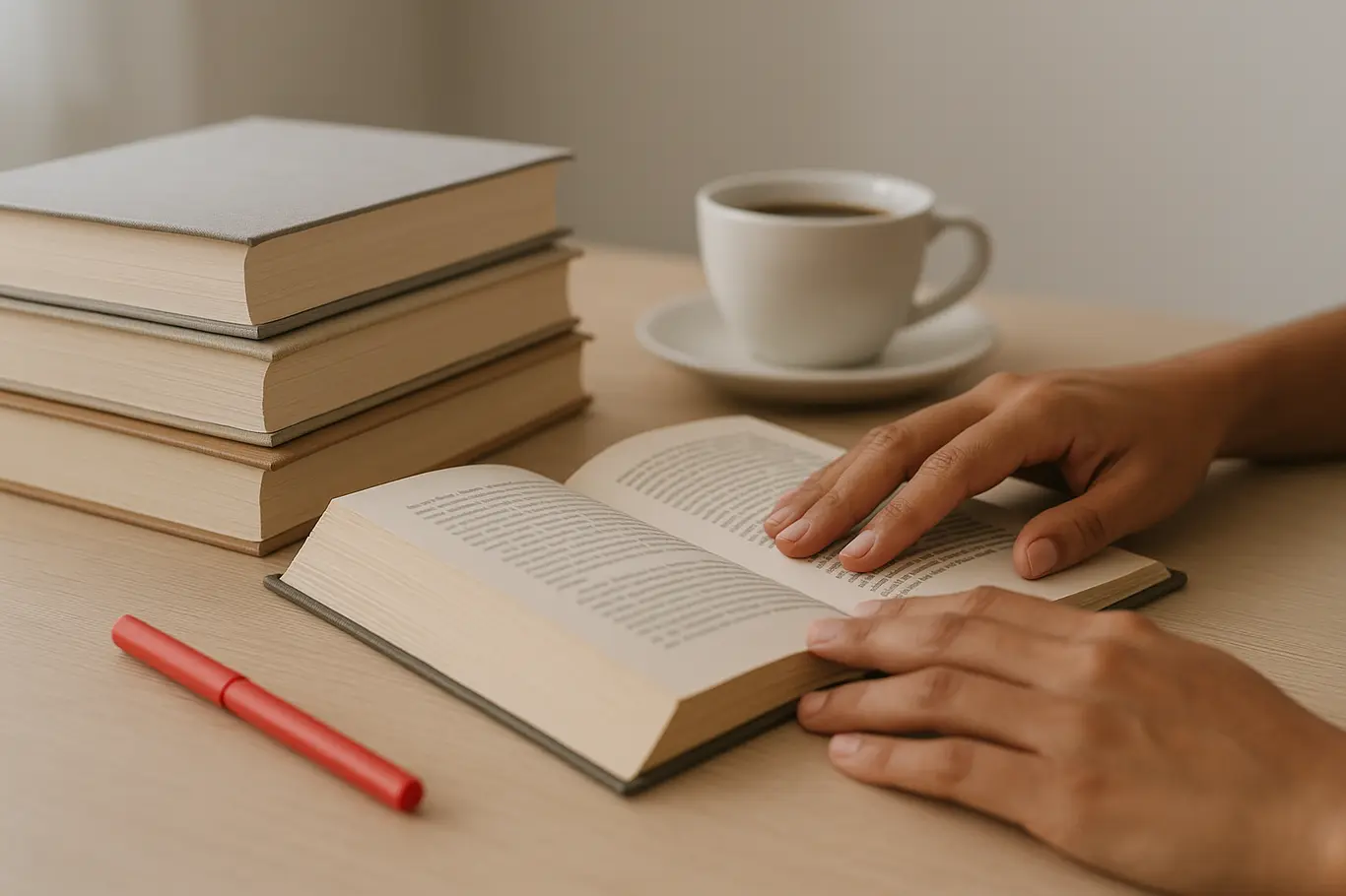 Mesa com pilha de livros, xícara de café ao fundo e mãos tocando a lombada, marcador vermelho em destaque