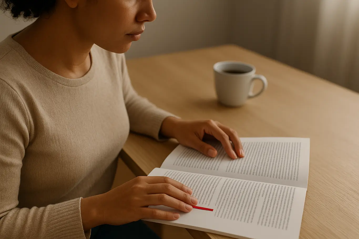Pessoa lendo livreto impresso com mãos virando páginas em mesa de madeira