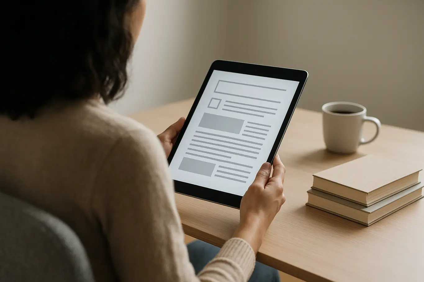 Pessoa de costas lendo em tablet com pilha de livros ao lado e xícara de café