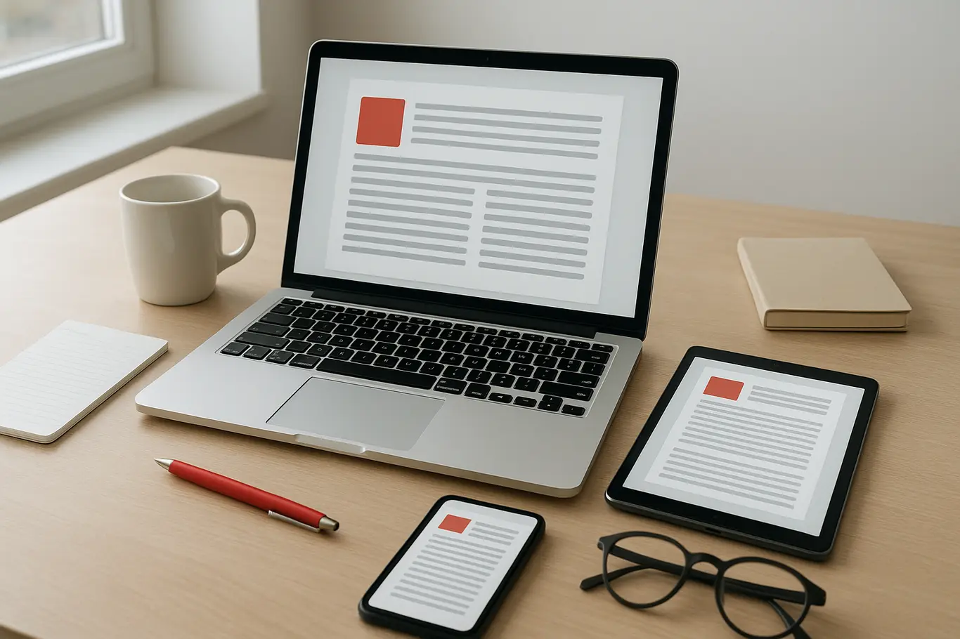 Workspace com notebook, tablet e smartphone mostrando miniaturas de documentos em mesa de madeira clara