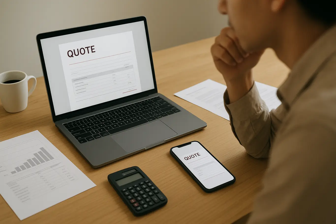 Workspace amplo com notebook e smartphone exibindo documento PDF de orçamento, documentos impressos e pessoa ao fundo
