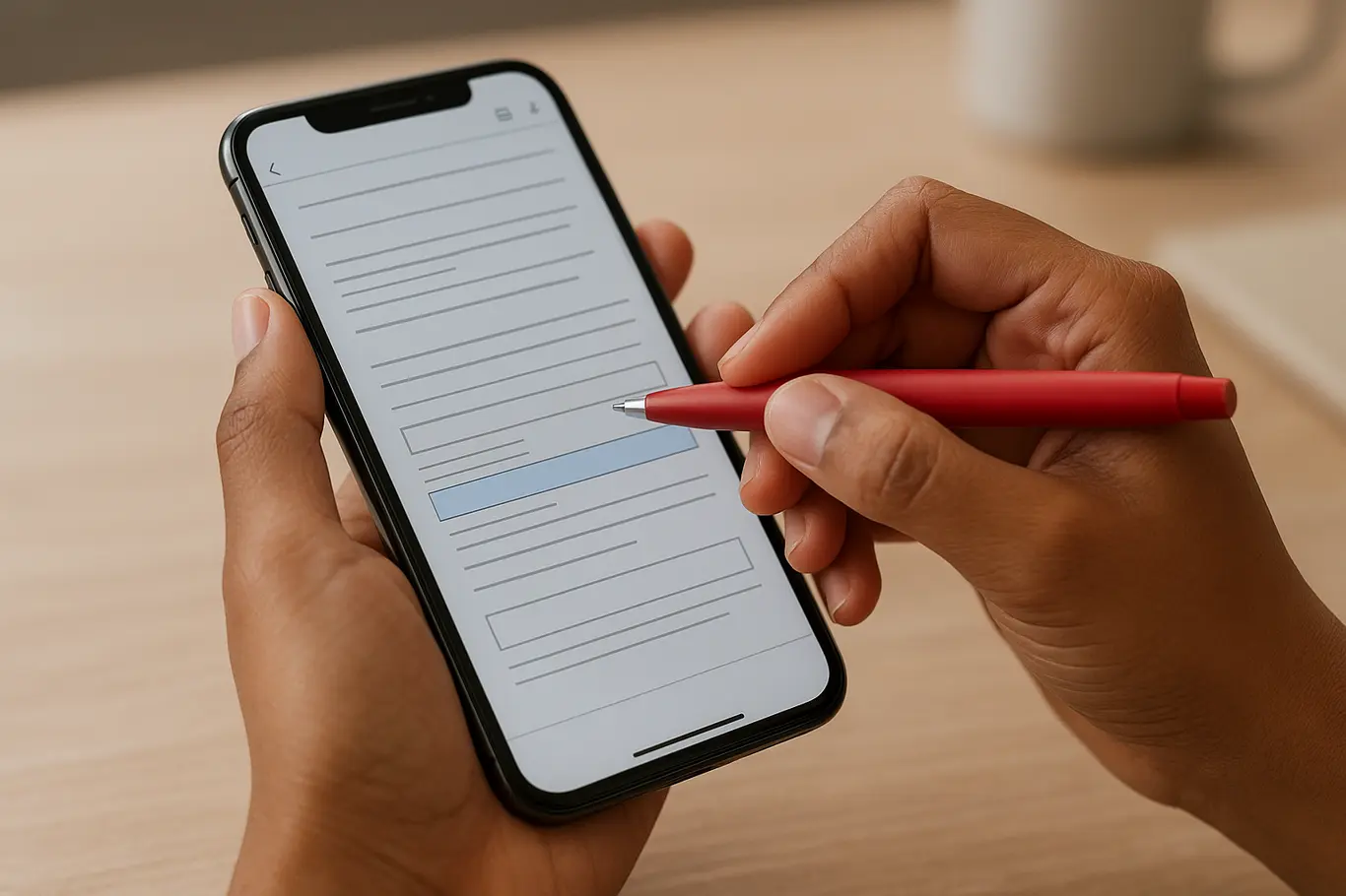 Close-up das mãos usando smartphone para editar PDF, caneta vermelha ao lado