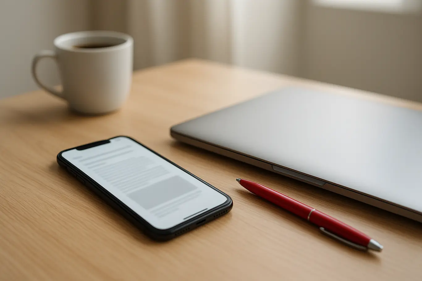Workspace minimalista com smartphone tipo iPhone sem logotipo sobre mesa de madeira clara, caneca e destaque vermelho editorial