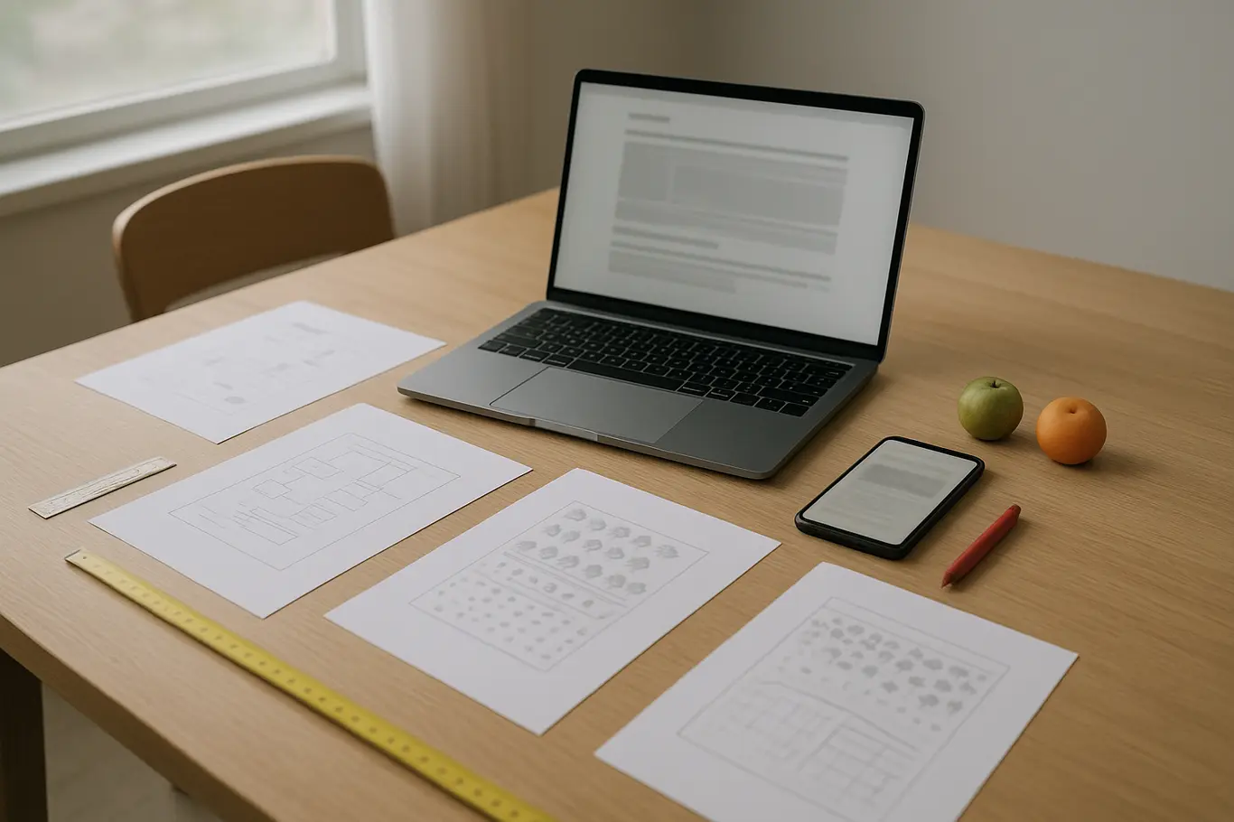 Workspace com notebook, smartphone e materiais de plantio sobre mesa de madeira clara