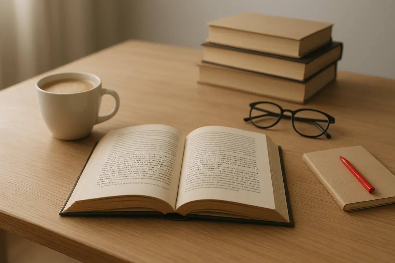 Mesa de leitura com livro aberto, pilha de livros ao fundo e xícara de café, vista ampla.