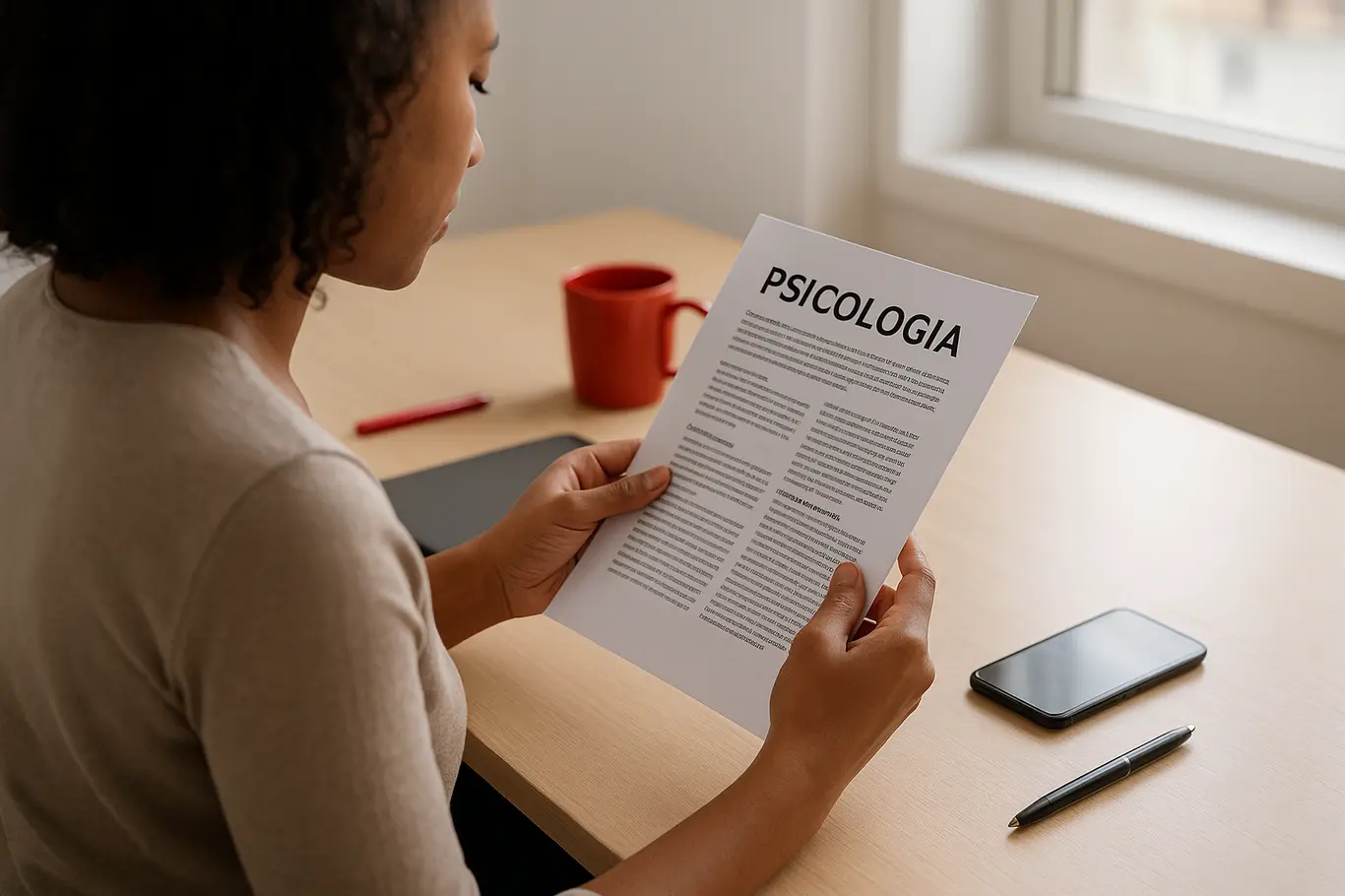 Pessoa brasileira de perfil lendo resumo impresso sobre psicologia em mesa organizada