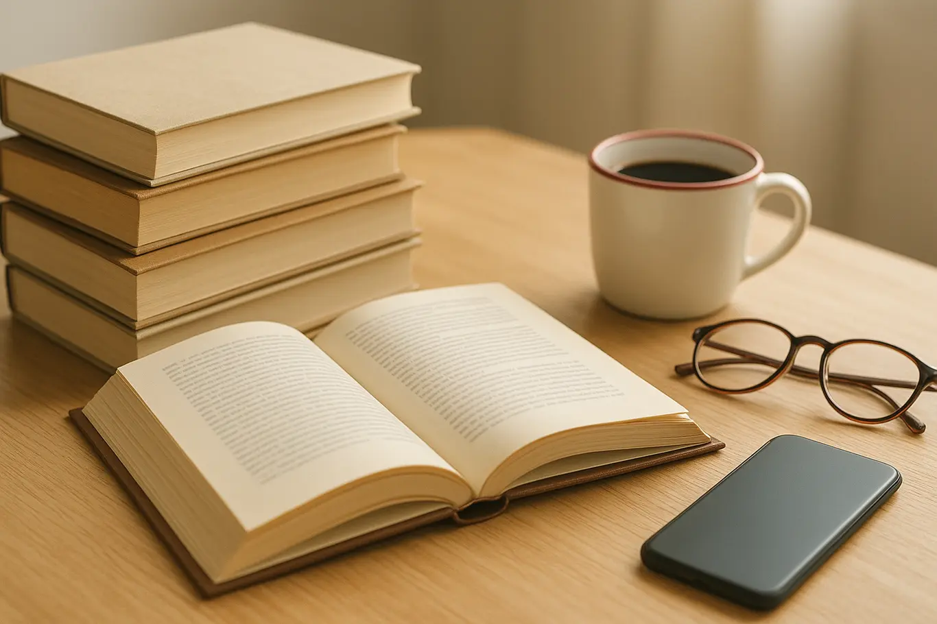 Mesa com pilha de livros, exemplar aberto, café e óculos, ambiente de leitura acolhedor