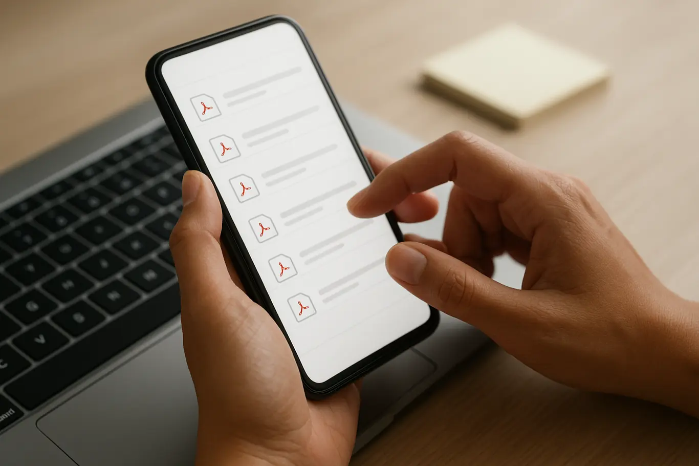 Close-up de mãos brasileiras interagindo com smartphone e teclado mostrando lista comparativa de PDFs genéricos