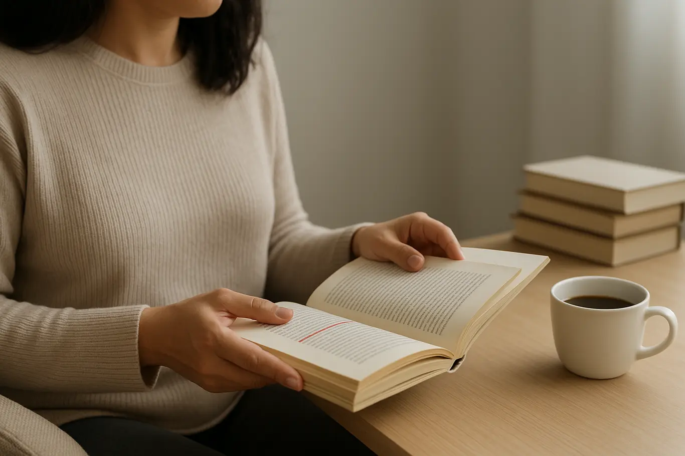 Pessoa lendo livro de lado com marcador vermelho, mesa de madeira e xícara ao fundo