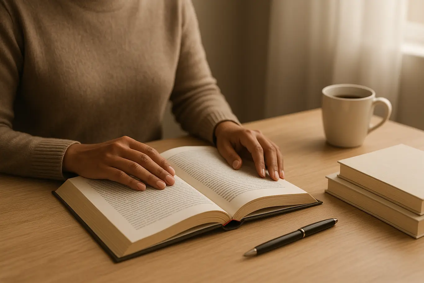 Pessoa folheando livro com xícara de café ao fundo