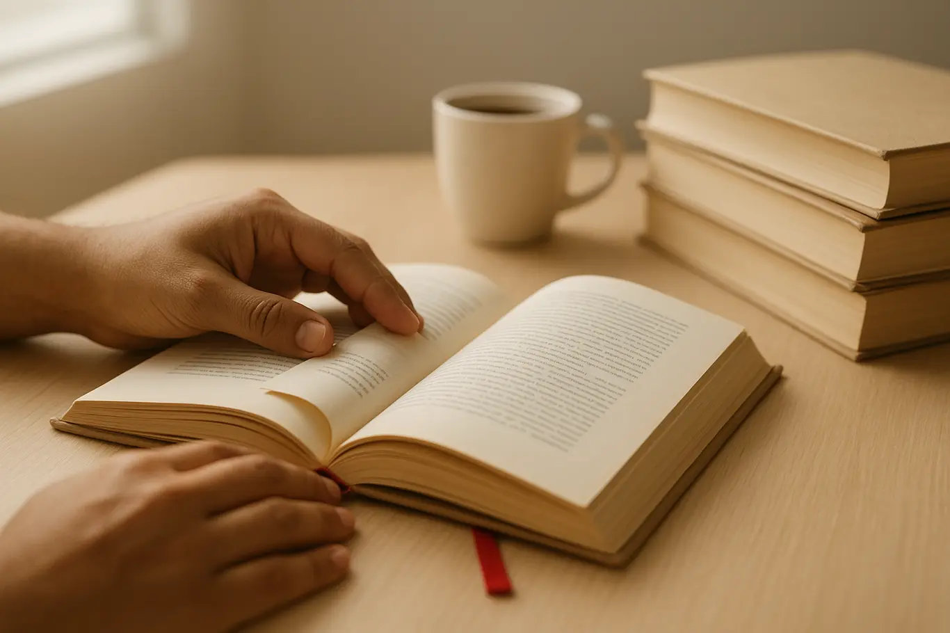 Mãos virando páginas de um livro aberto com pilha de livros e xícara ao fundo, marcador vermelho visível.
