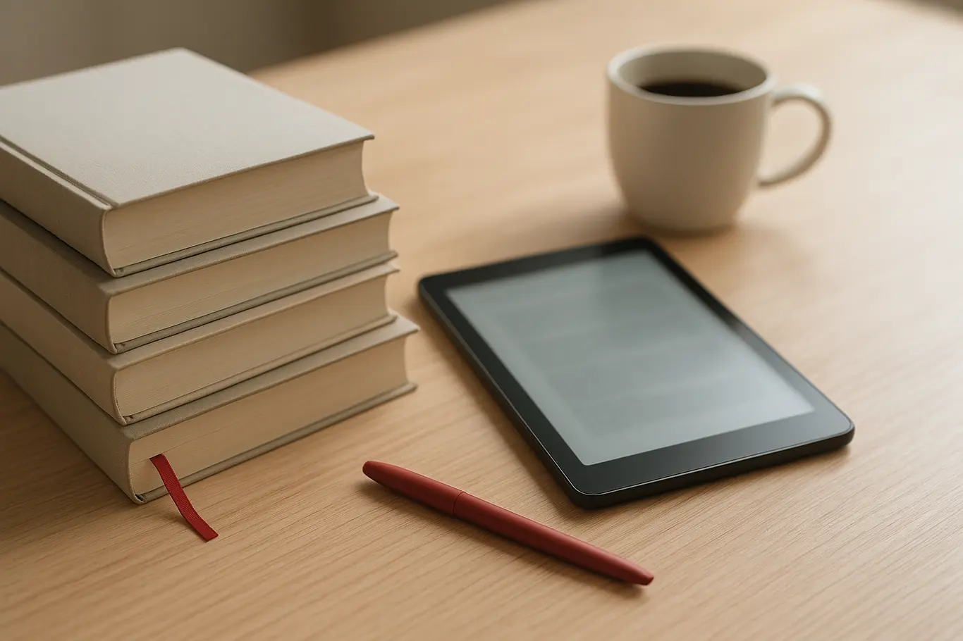 Mesa de leitura com pilha de livros, tablet desfocado e marcador vermelho
