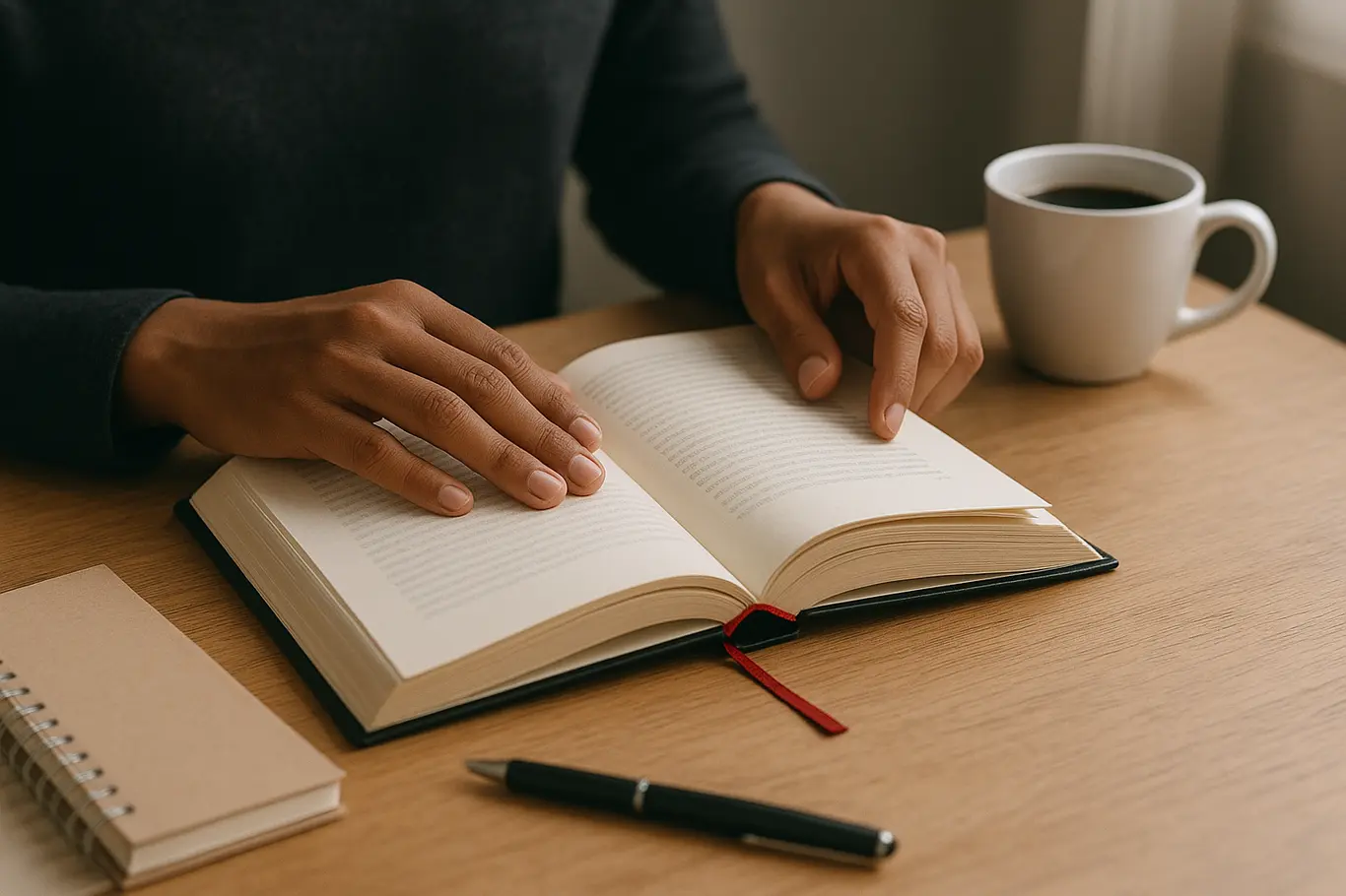 Livro aberto em mesa de madeira com mãos virando a página, xícara de café ao fundo e marcador vermelho