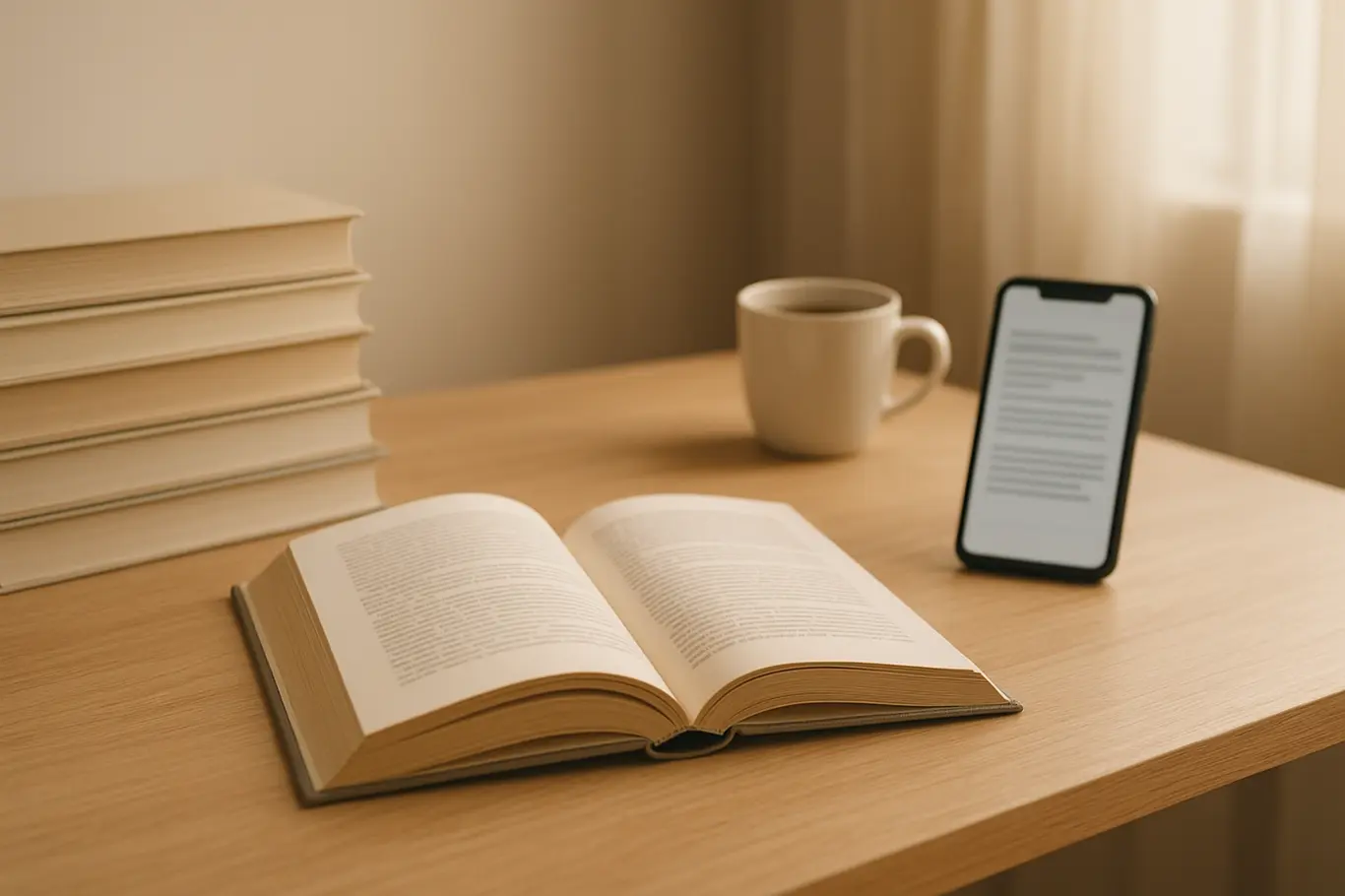 Mesa de leitura com livro aberto, pilha de livros e smartphone com documento borrado, luz natural.