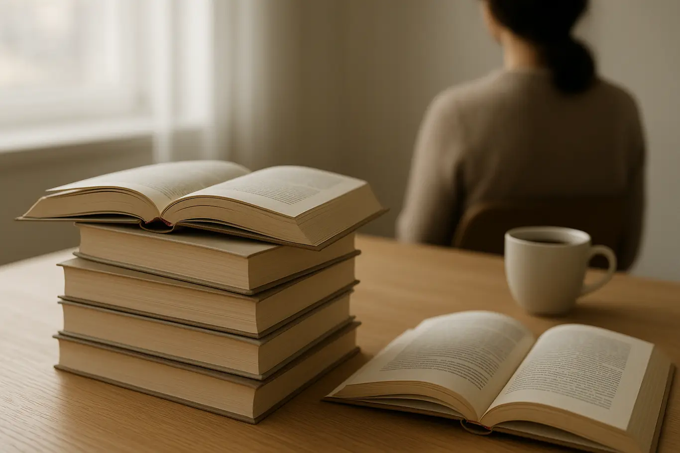 Cantinho de leitura com pilha de livros e janela iluminando