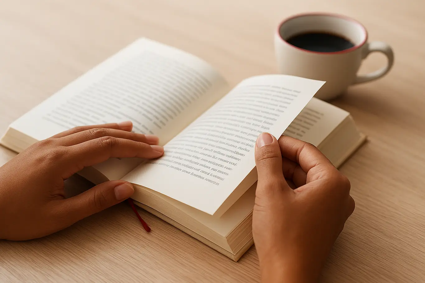 Livro aberto com mãos virando página e xícara de café ao fundo
