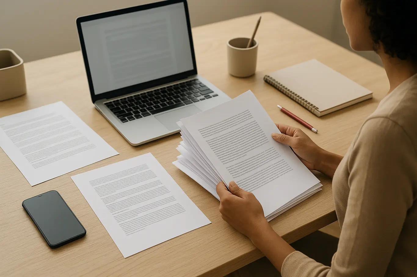 Workspace aberto com notebook, smartphone e documentos organizados sobre mesa clara