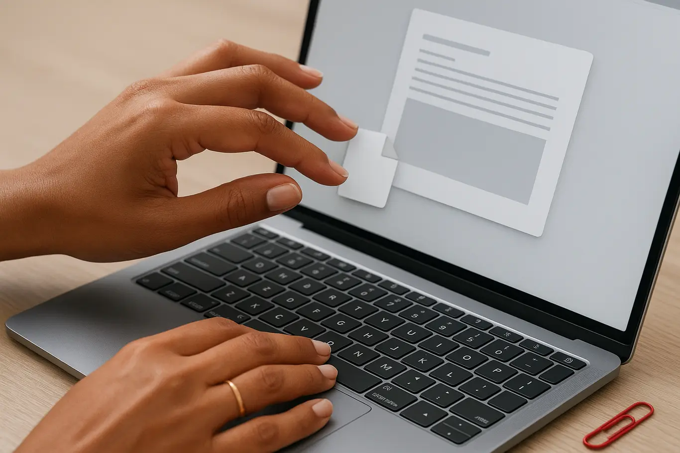 Close-up das mãos arrastando arquivos no notebook para juntar em PDF