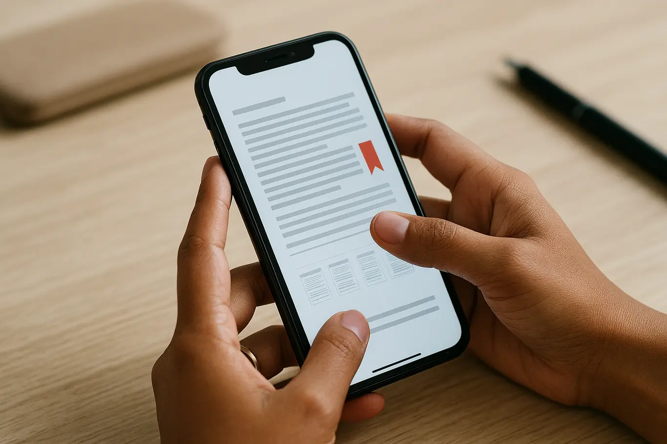 Close-up de mãos tocando tela de iPhone com pré-visualização de PDF genérico