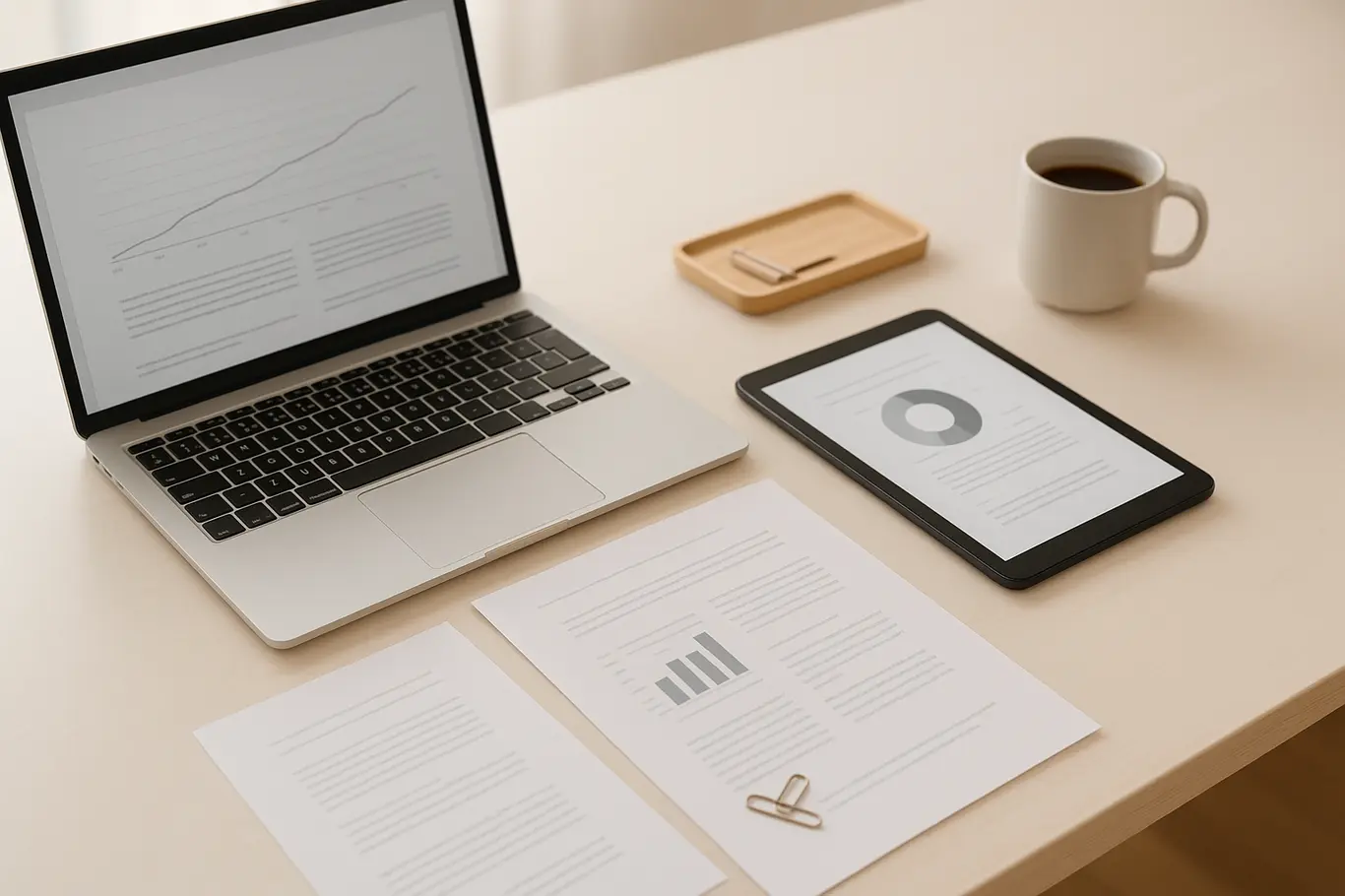 Mesa de trabalho com notebook e tablet exibindo documentos genéricos, ambiente clean