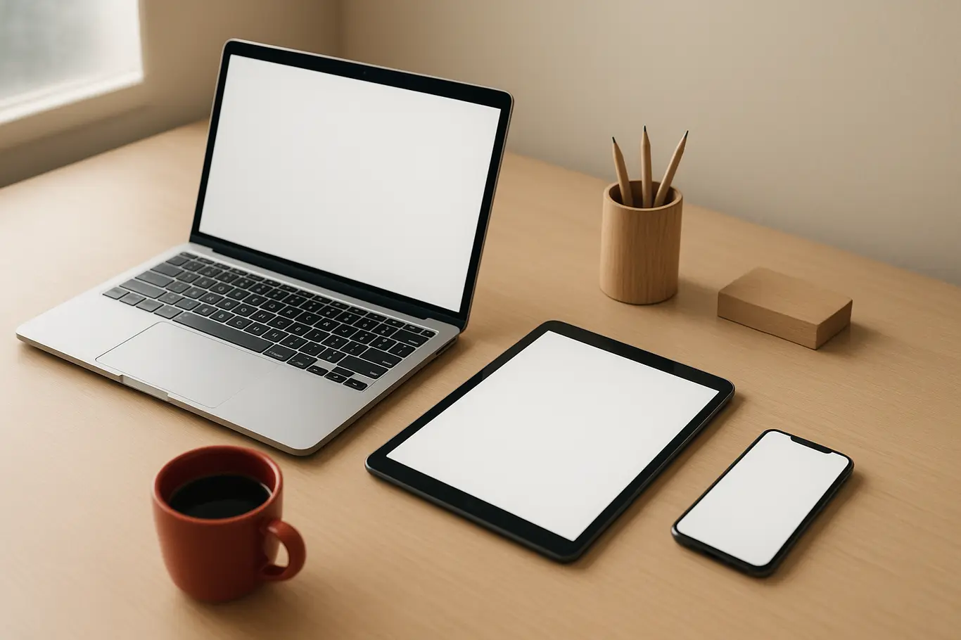 Mesa minimalista com notebook, tablet e smartphone mostrando pré-visualizações de documentos