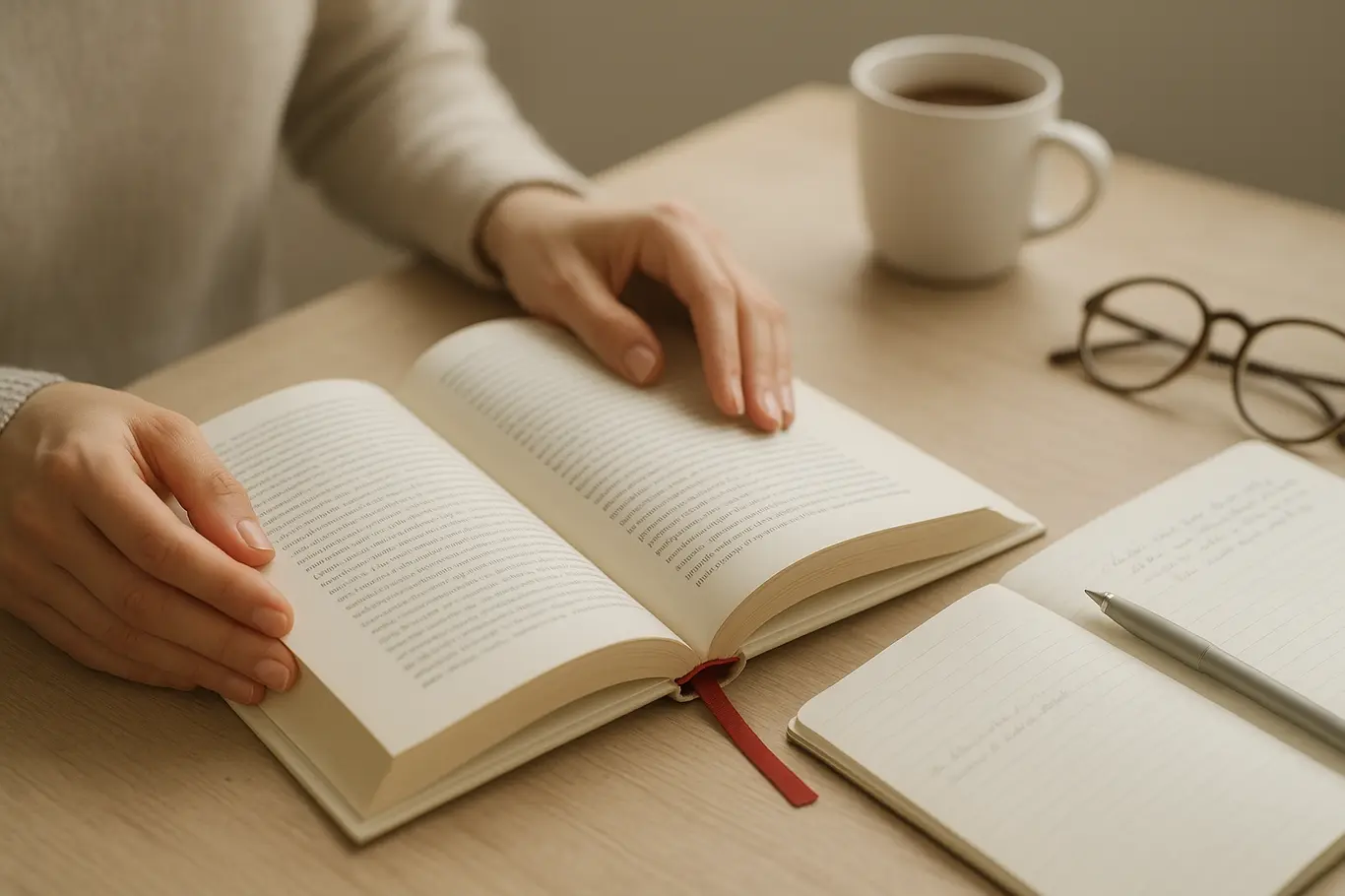 Livro aberto com mãos folheando páginas, copo de café ao fundo e marcador vermelho sobre mesa de madeira clara
