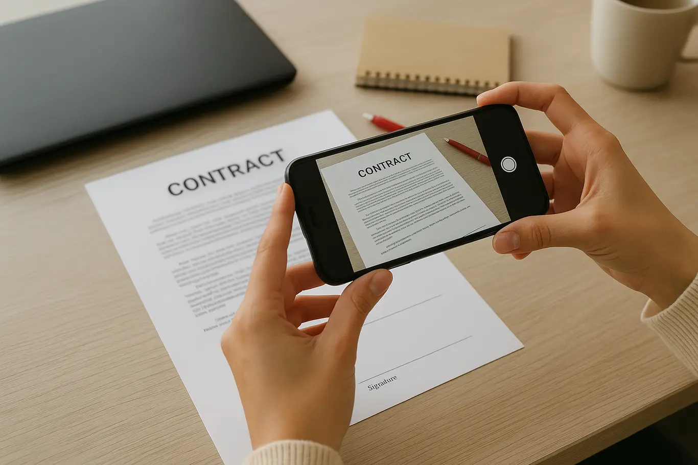 Bancada com notebook, smartphone e mãos preparando documento para digitalizar