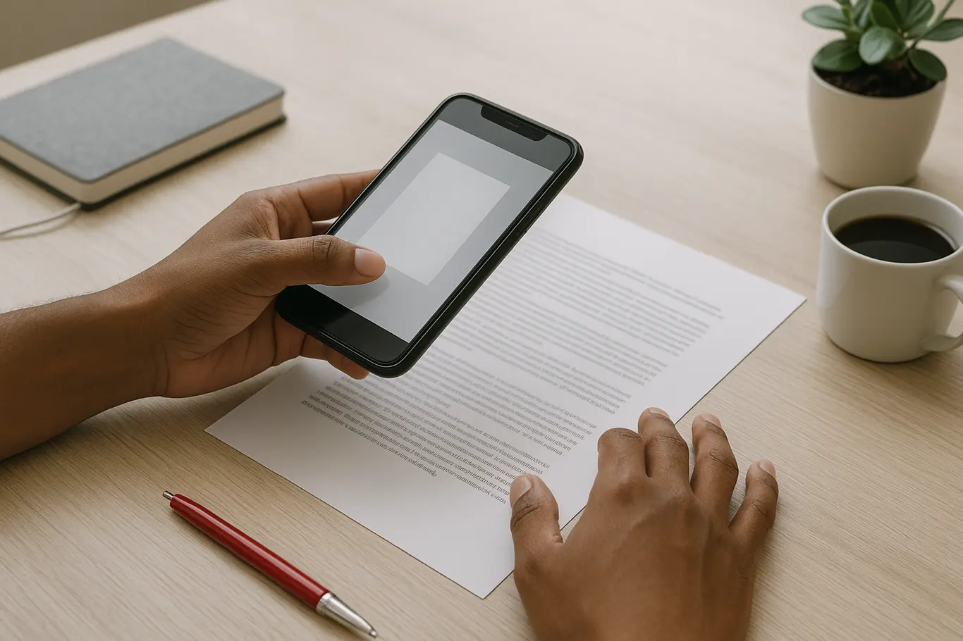 Mesa em ângulo superior com mãos posicionando smartphone sobre foto impressa para escanear, acessórios de escritório e acento vermelho