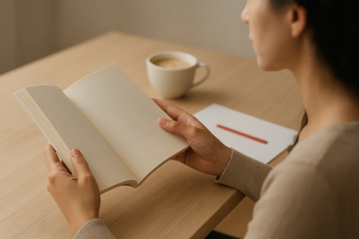 Plano médio de mãos segurando livro aberto e folheto sobre mesa clara, xícara de café ao fundo, perfil desfocado