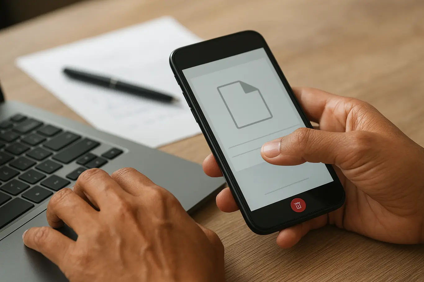 Close-up das mãos brasileiras interagindo com smartphone e teclado para apagar página de PDF