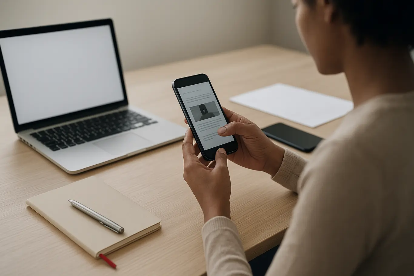 Workspace amplo com notebook e smartphone mostrando miniaturas de vídeo em documento