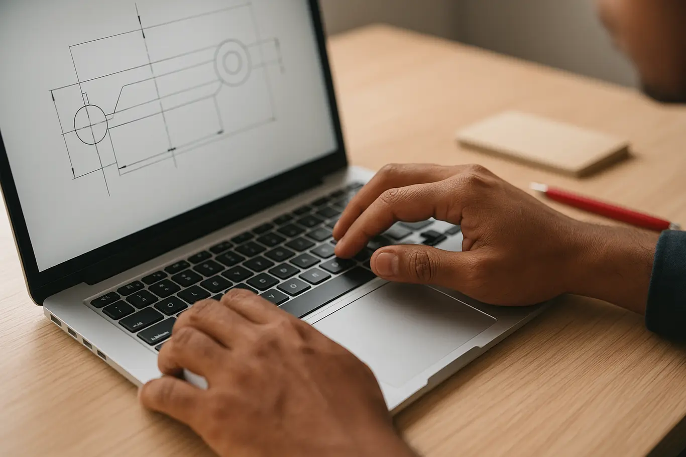 Close das mãos sobre teclado com tela mostrando desenho técnico genérico