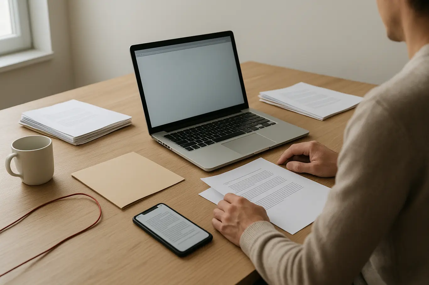 Workspace aberto com notebook, smartphone e papéis organizados em mesa de madeira clara