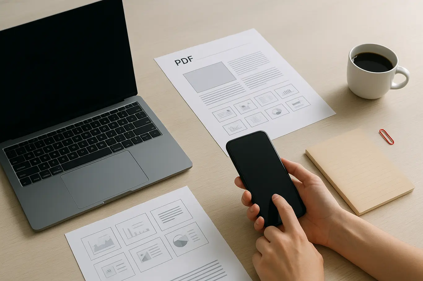 Mesa de trabalho com notebook, smartphone e documentos que ilustram conversão de PDF para PPT