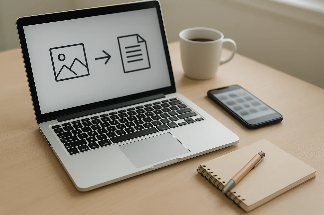 Mesa de trabalho vista ampla com notebook e smartphone, ambiente minimalista e luz natural