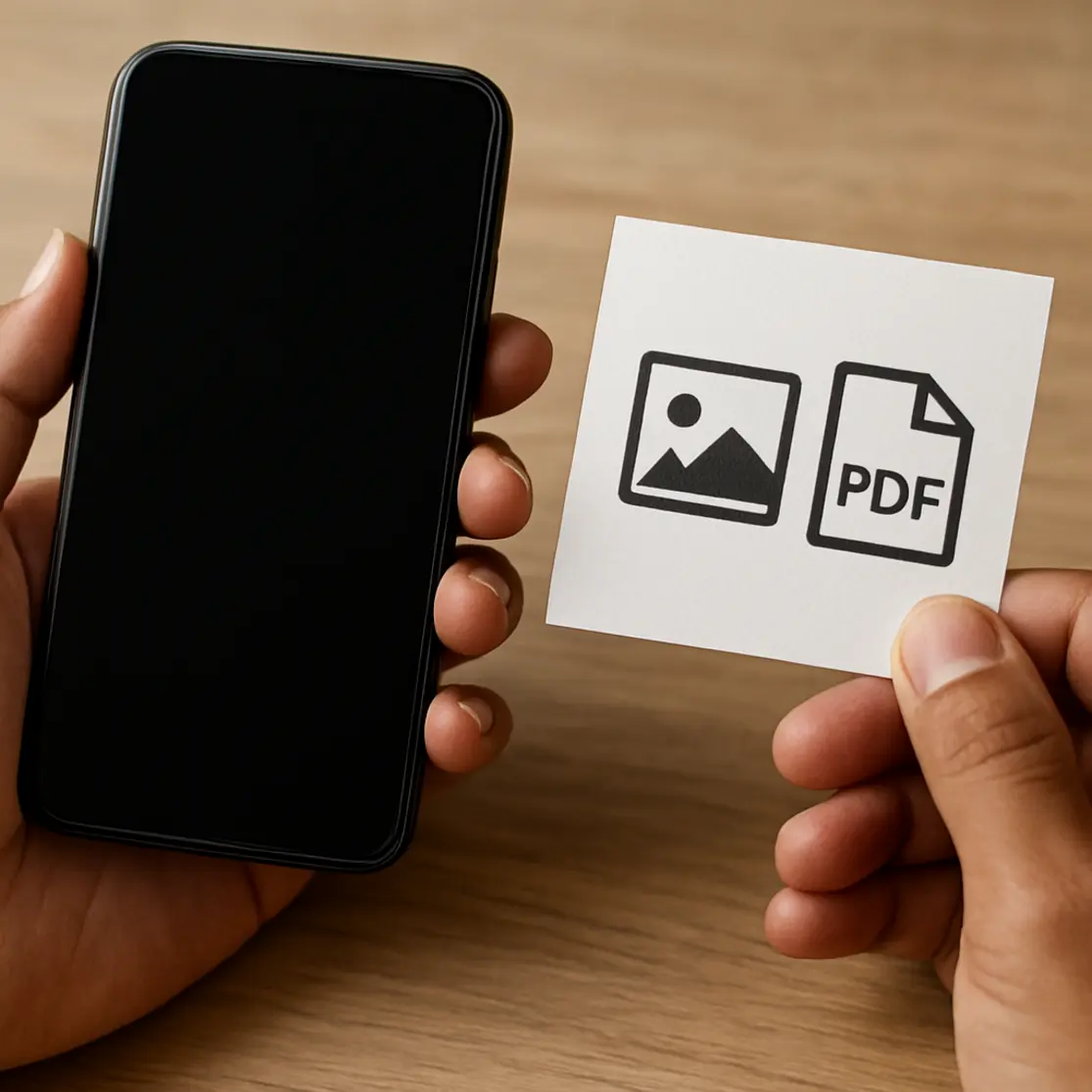 Close-up de mãos segurando smartphone e papel com ícones genéricos, foco nas mãos