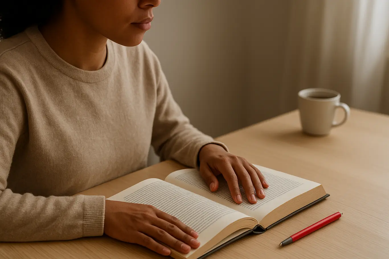Pessoa vista de três quartos lendo livro aberto em mesa com marcador vermelho e xícara de café ao fundo