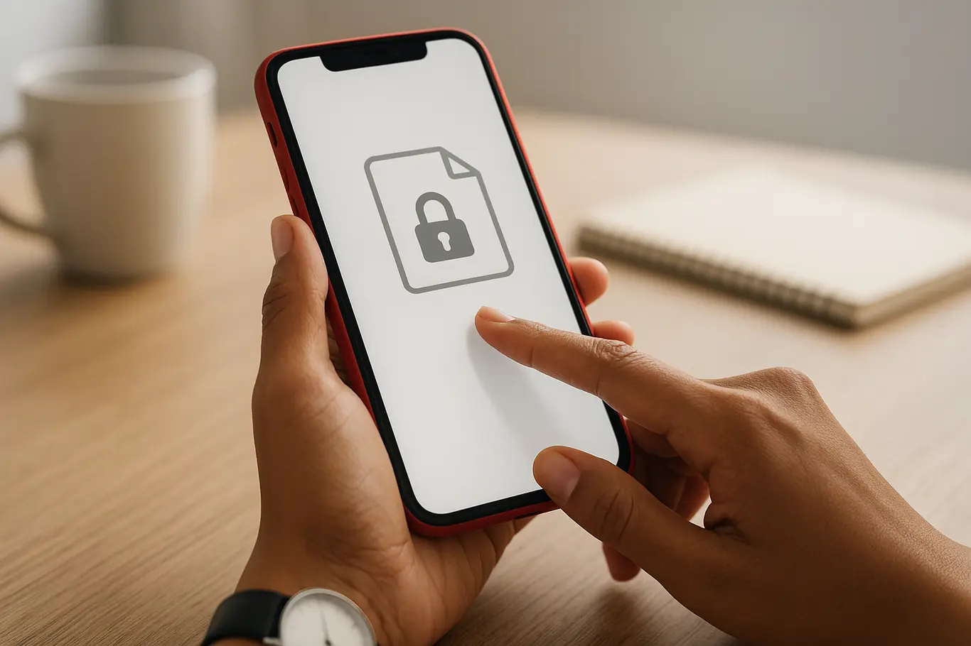 Close-up de mãos brasileiras deslizando para desbloquear um PDF em smartphone, mesa de madeira clara e fundo desfocado.