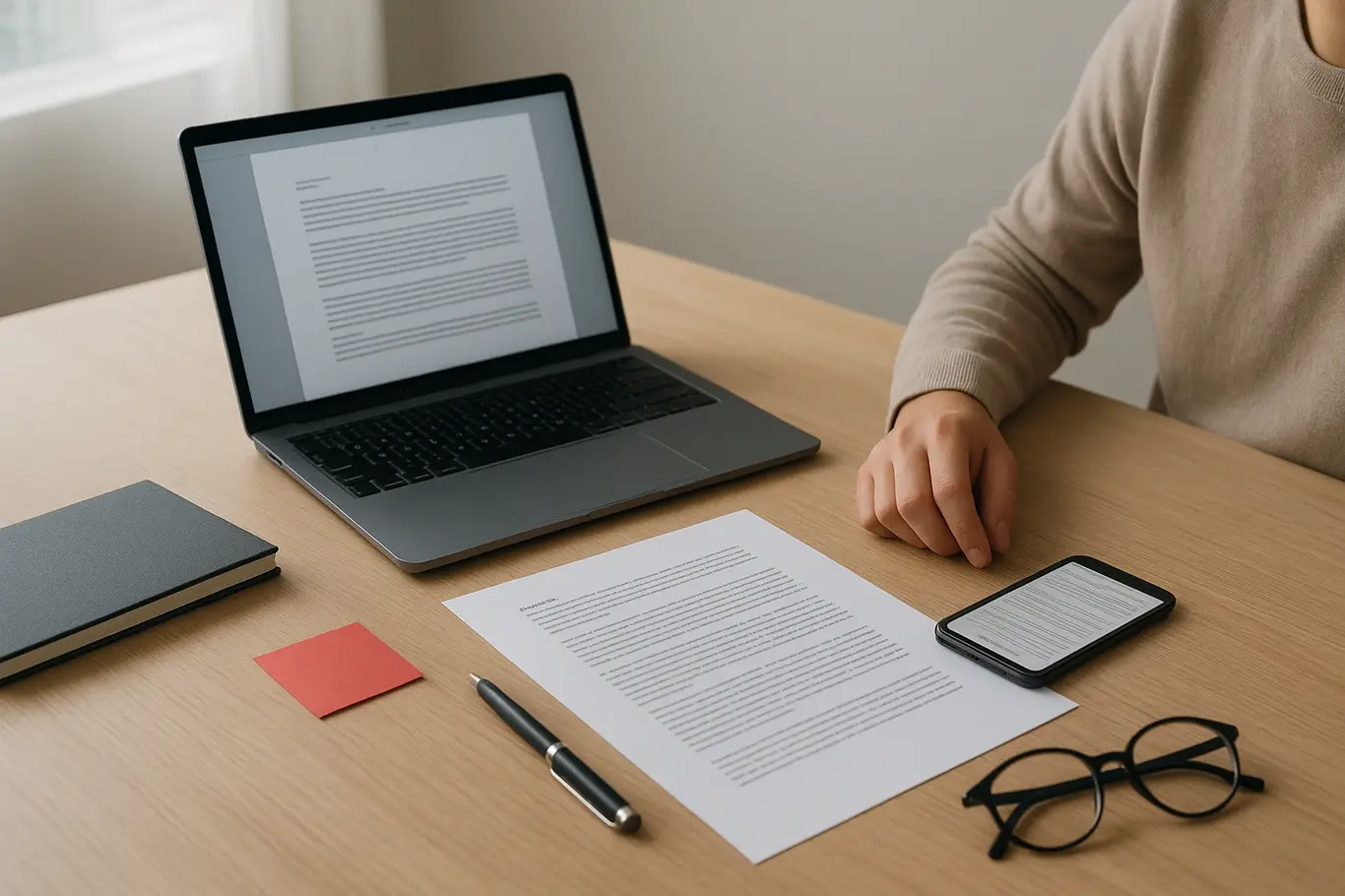 Workspace doméstico com notebook e smartphone mostrando documento genérico, objetos organizados