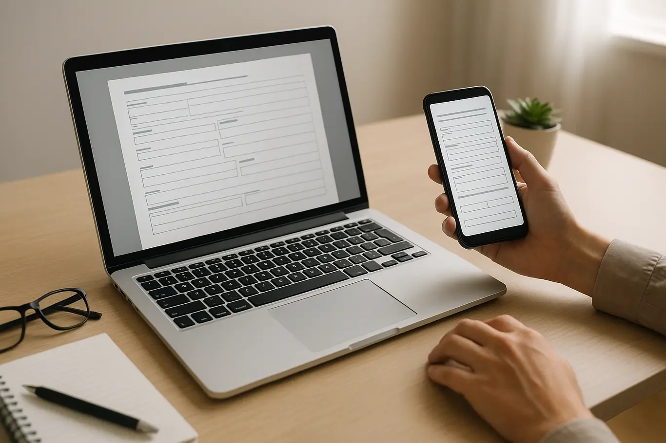 Mesa com notebook e smartphone mostrando PDF preenchível genérico, pessoa ao fundo