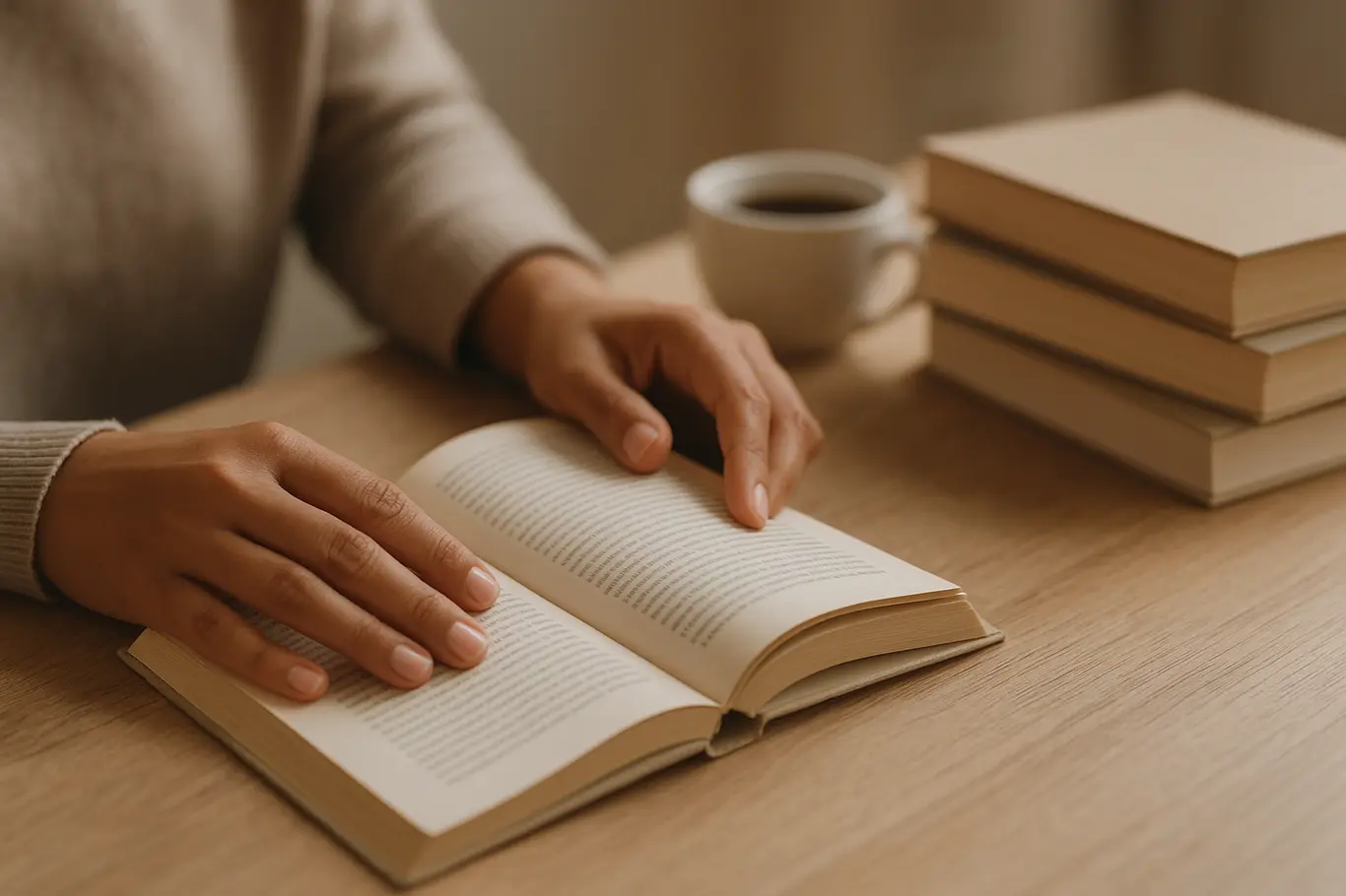 Mãos folheando um livro em mesa com pilha de livros e café ao fundo