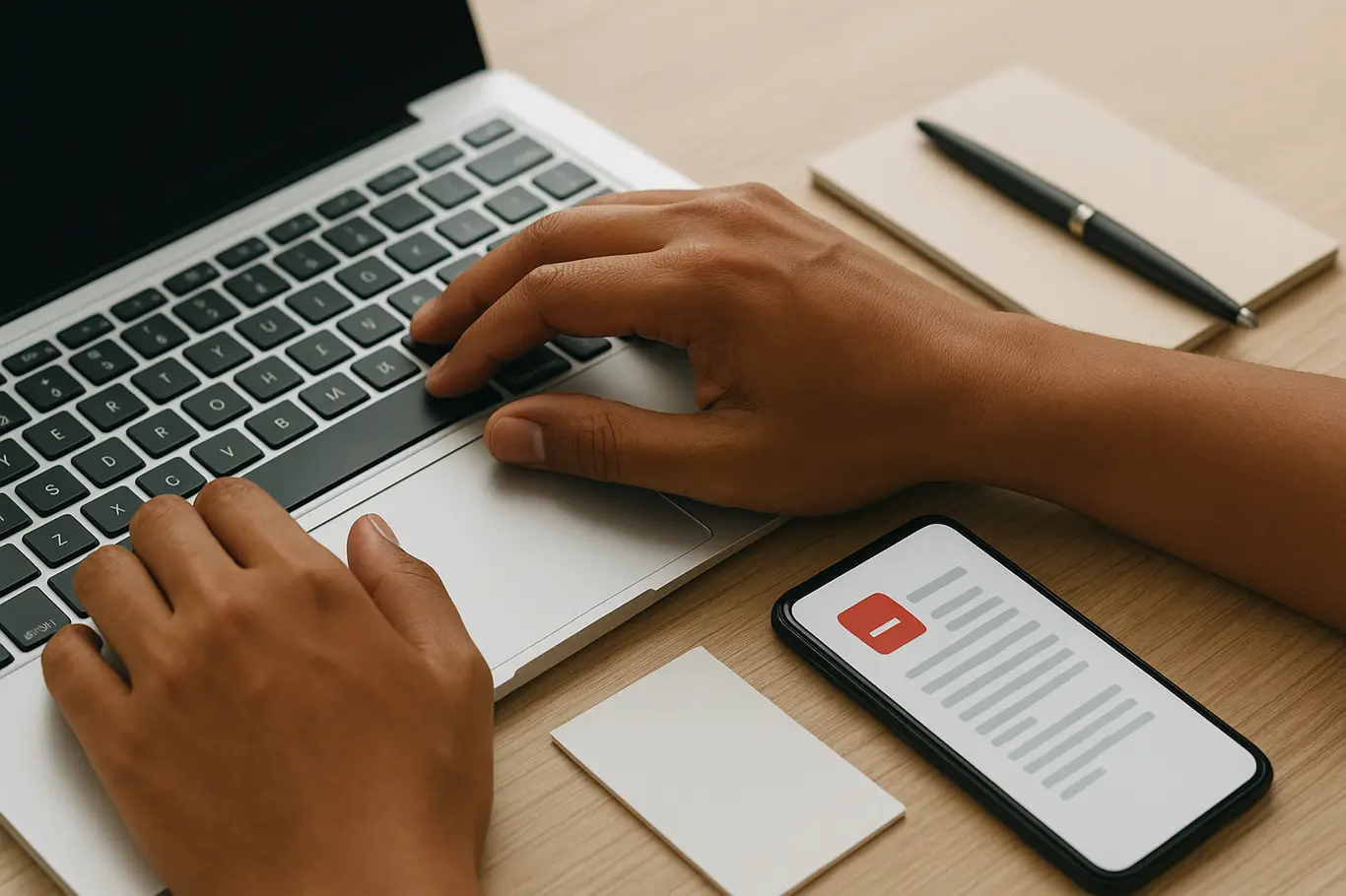 Close-up de mãos digitando no notebook com smartphone ao lado exibindo pré-visualização genérica de PDF